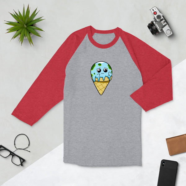 Global Meltdown Cartoon Earth Ice Cream 3/4 sleeve raglan shirt - Proud Libertarian - Cartoons of Liberty