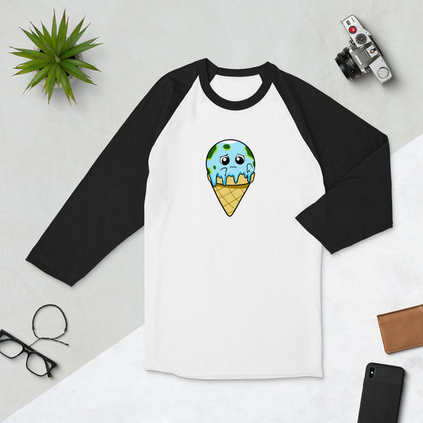 Global Meltdown Cartoon Earth Ice Cream 3/4 sleeve raglan shirt - Proud Libertarian - Cartoons of Liberty