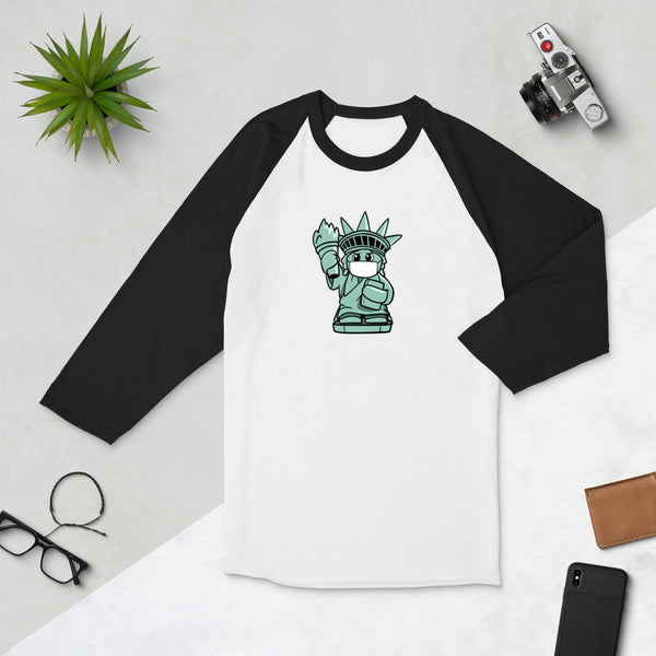 Masked Liberty Cartoon 3/4 sleeve raglan shirt - Proud Libertarian - Cartoons of Liberty