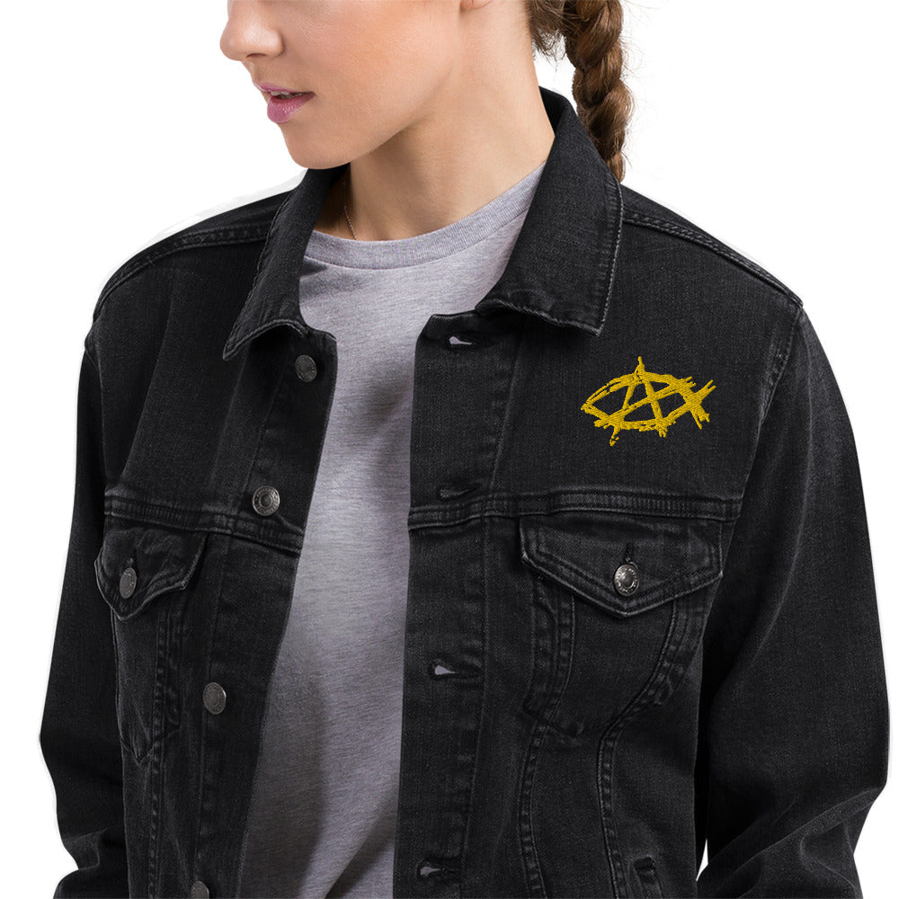 Anarchochristian Embroidered Unisex denim jacket - Proud Libertarian - Proud Libertarian