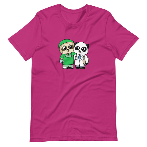 Doctor and Surgeon Cartoon Sloth & Panda Short Sleeve Unisex T-Shirt - Proud Libertarian - Cartoons of Liberty