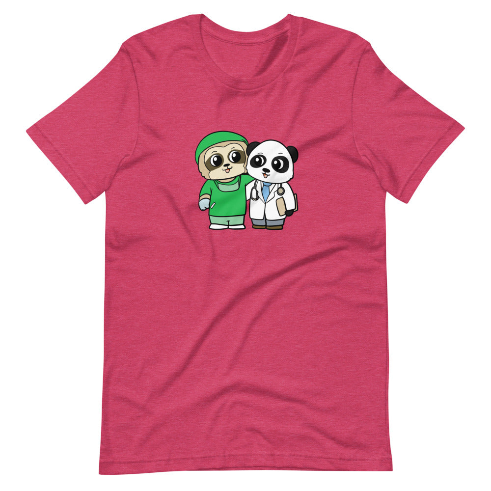 Doctor and Surgeon Cartoon Sloth & Panda Short Sleeve Unisex T-Shirt - Proud Libertarian - Cartoons of Liberty