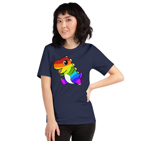 LGBTQ Tyrannosaurus Rex Cartoon Dinosaur Short-Sleeve Unisex T-Shirt - Proud Libertarian - Cartoons of Liberty