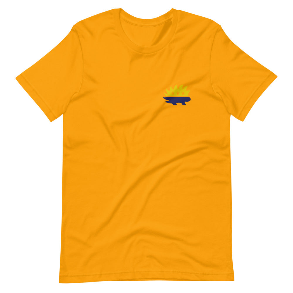 End the Monopoly - Go Gold (With Porcupine) Short-Sleeve Unisex T-Shirt - Proud Libertarian - Libertarian Party of Indiana - Morgan County